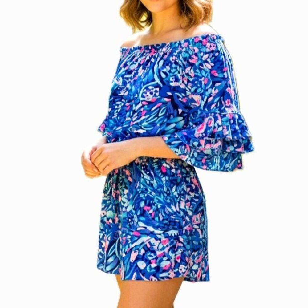 LILLY PULITZER Dress Off The Shoulder Calla Romper Purple Blue Wave Women Medium